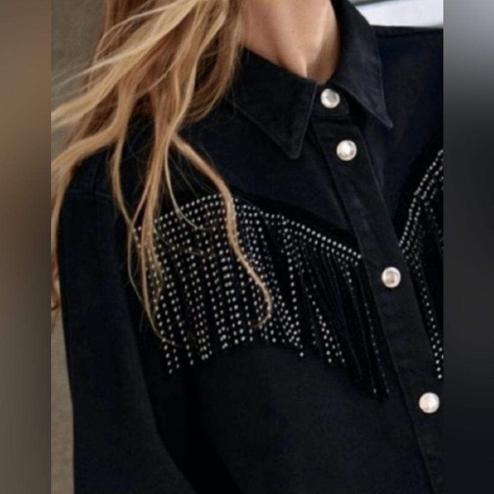 Zara Studded Fringe Denim Jacket